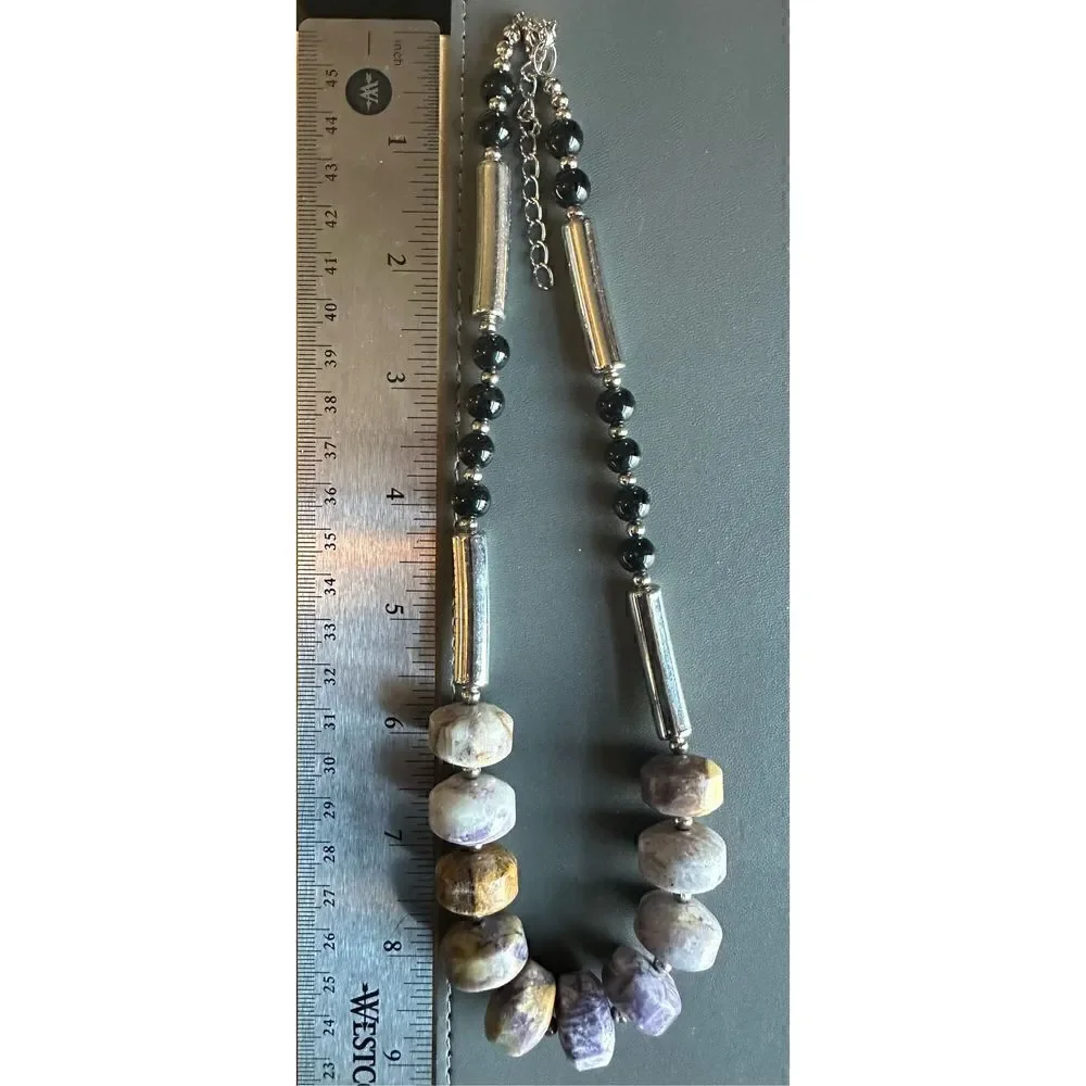Amethyst multi raw stone with silver tone and black beads and matching earrings